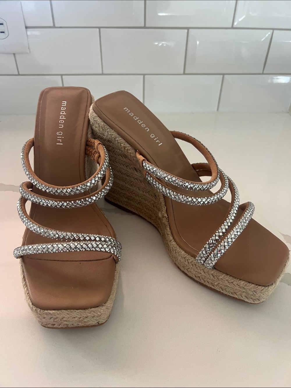 Madden Girl Tan Wedge Sandals with Silver Rhinestone Straps